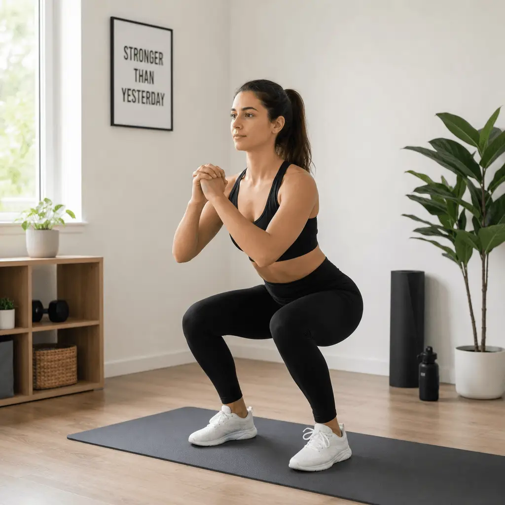 Woman in a black workout outfit performing a squat on a gray yoga mat in a bright home studio.