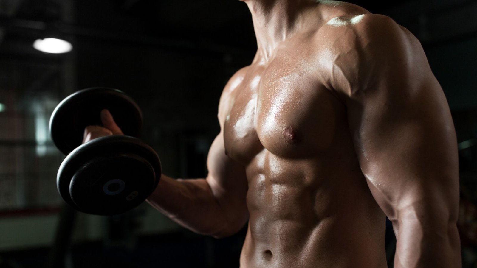 Muscular, shirtless man lifting a dumbbell in a dimly lit gym, focusing on upper body strength.